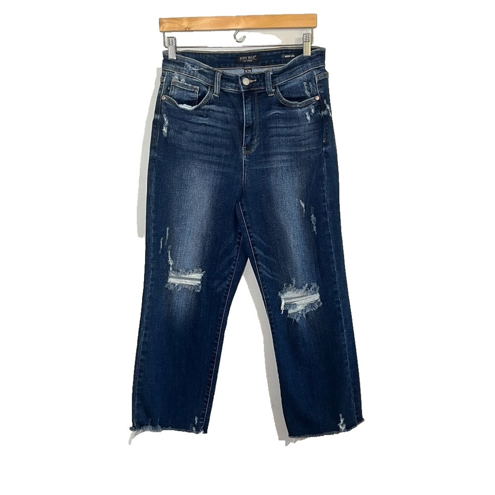 Judy Blue Denim Dark Wash Jeans Wide Leg 9 Western Classic Distressed Chic Fray